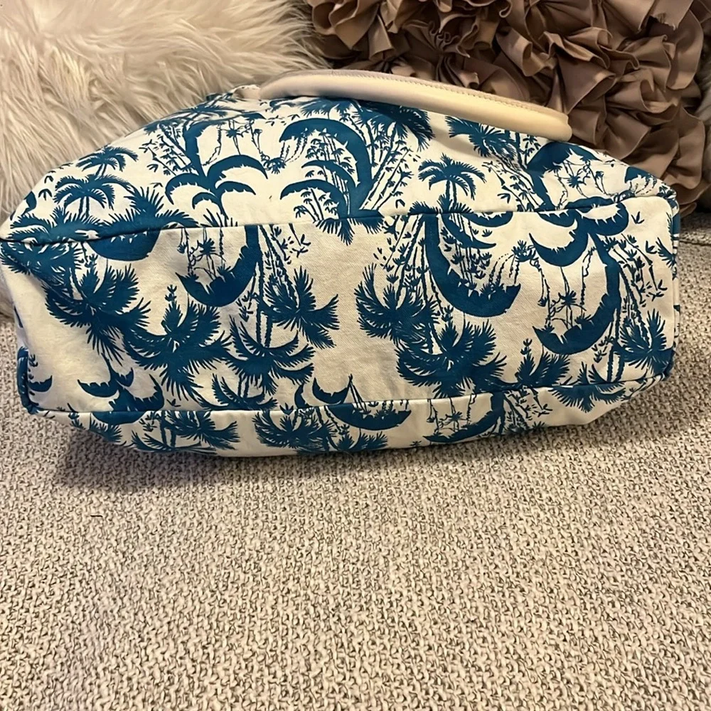 Tropical Blue White Canvas Hawaiian Print Leather Handles Drawstring Large Tote